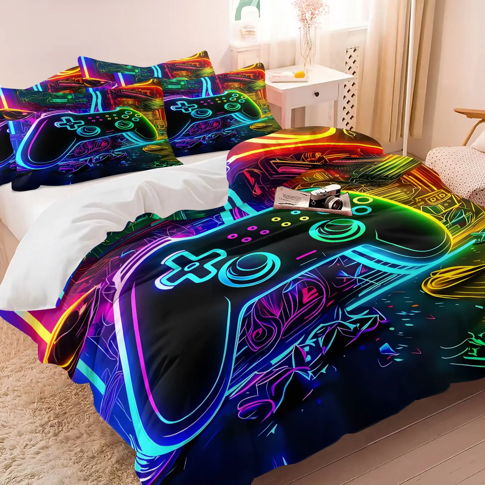 2/3Pcs Neon Gaming Duvet Cover Set, Kids Game Controller Bedding Set with Pillowcases, Cool Video Gamer Themed Comforter Cover, Soft Chic Colorful Print for Teen Boys Bedroom, Dorm, Game Room, Printed Bedding Set-No Filler