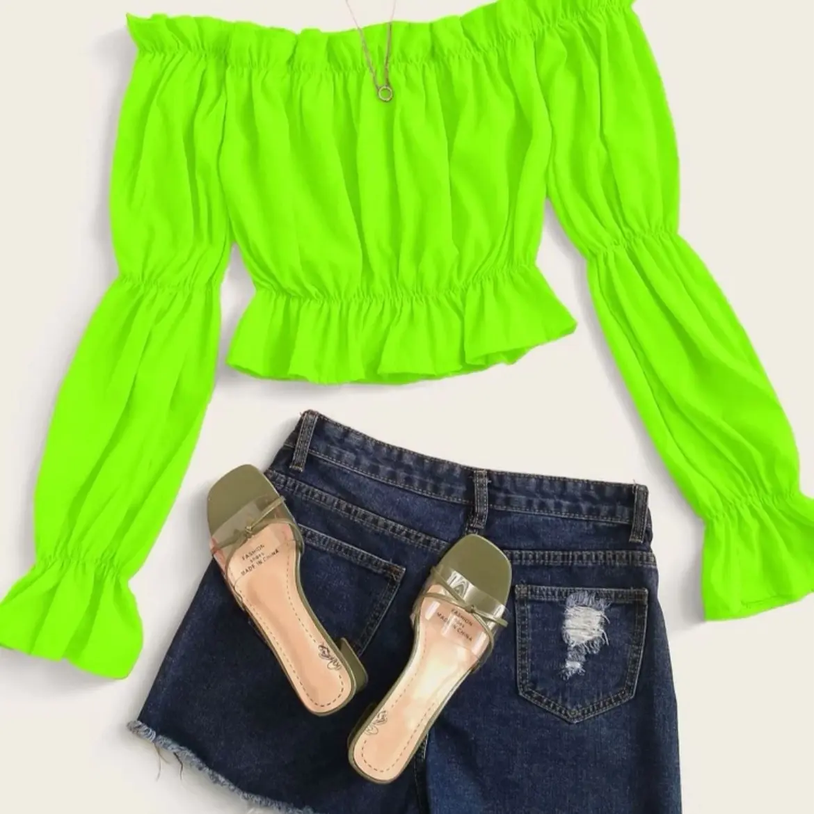 Neon Green Ruffle Trim Off The Shoulder Blouse