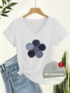 Women's Denim Heart Pattern V-Neck Short Sleeve T-Shirt, Soft Fabric Casual Top, Ideal for Spring Summer