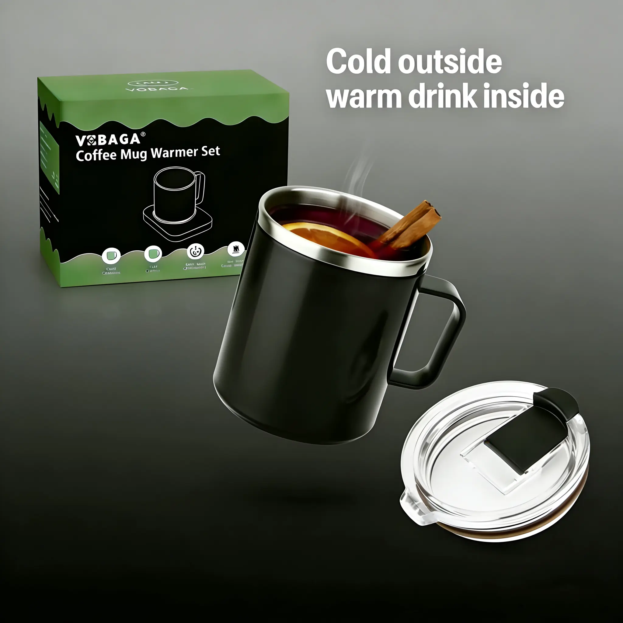 VOBAGA Coffee Mug Warmer Set with 15oz Stainless Steel Mug 3 Temperature Settings 4-Hour Auto Shut-Off Smart Safety Protection Portable Gift-Ready for Coffee Tea Milk Candle Warmer,VOBAGA Heated Coaster & Mug Set – Keep Your Drinks Warm Anytime