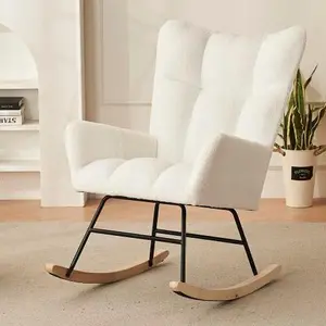 Rocking Chair Nursery, Solid Wood Legs Reading Chair with Teddy Fabric Upholstered , Nap Armchair for Living Rooms, Bedrooms, Offices, Best Gift,White Teddy fabric