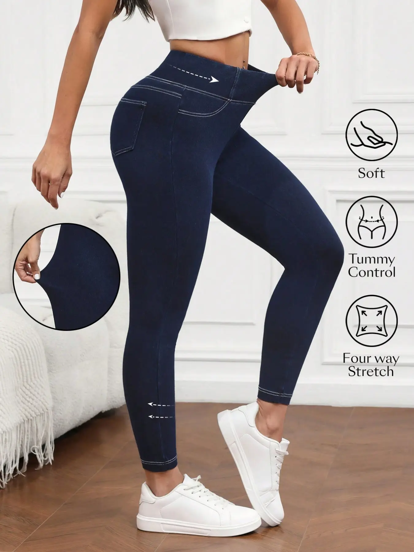 High Waist Tummy Control Dark Wash Denim Jeans for Women, Four-Way Stretch Slim Fit Nine-Quarter Pants, Comfortable, Soft and Stylish Everyday Casual Wear