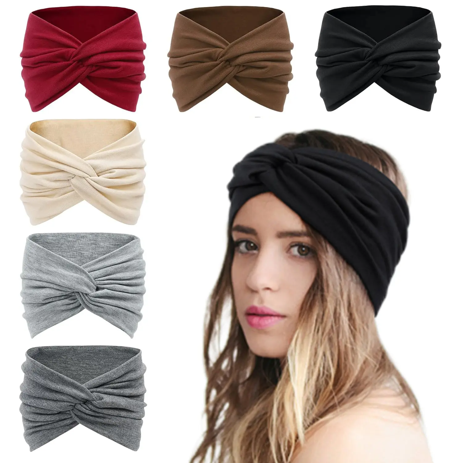 Set of 6 Large Cotton Like Turban Knotted Bandana Head Bands, Non Slip Extra Wide Headbands Suitable for Women and Teen Girls With Different Head Sizes