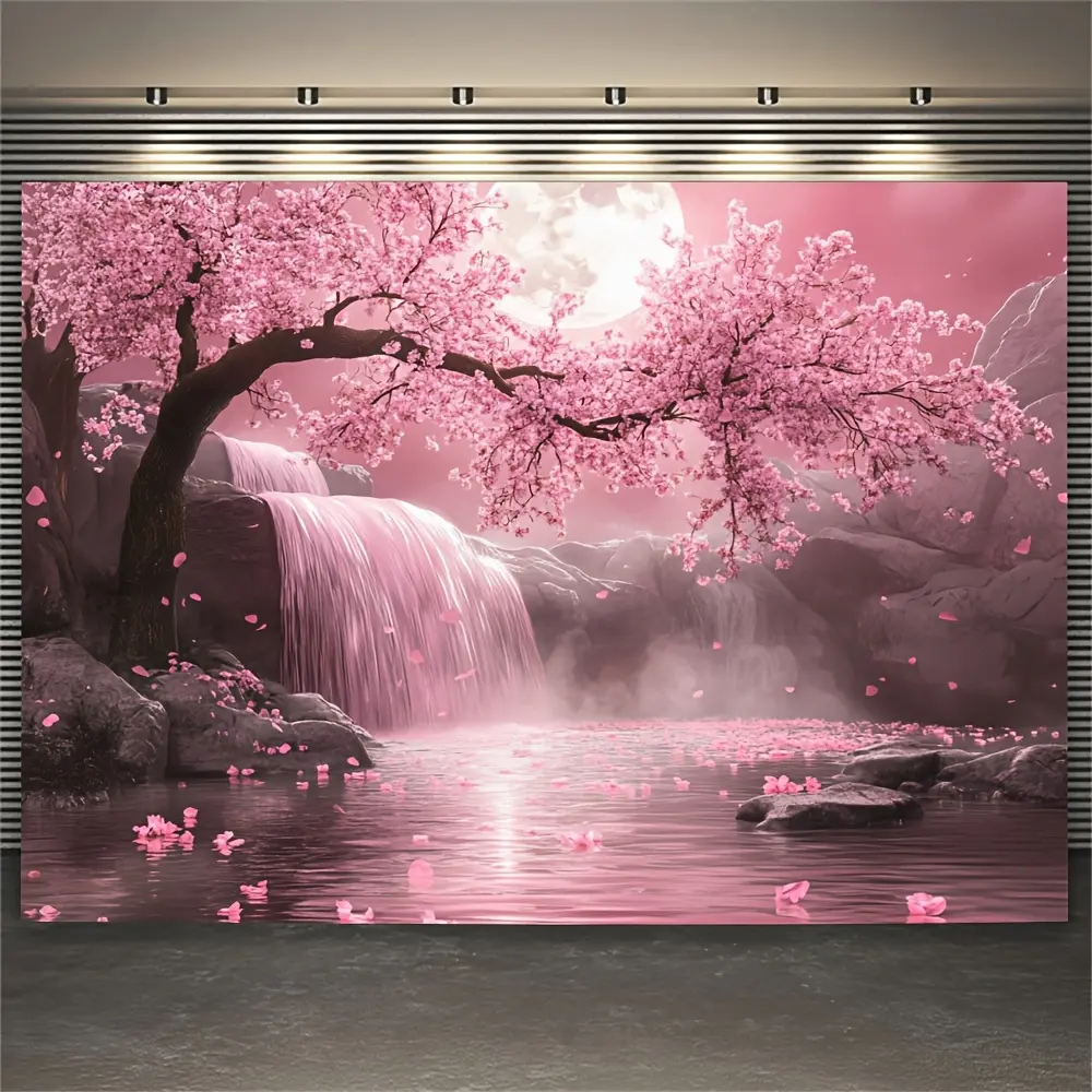 1pc Hangable Cherry Blossom Landscape Backdrop - Pink Sakura Tree & Waterfall, Vibrant Polyester Home Supplies Tapestry for Indoors Living Room, Outdoor Porch Decor (Nature-Inspired Wall Art)
