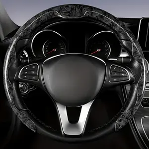 1pc Non-Slip Mahogany Pattern One-Piece Steering Wheel Cover - Centering Mark + Embedded + Inner Diameter 38cm (14.96") + No Inner Ring, for O-Shaped/Round Steering Wheel