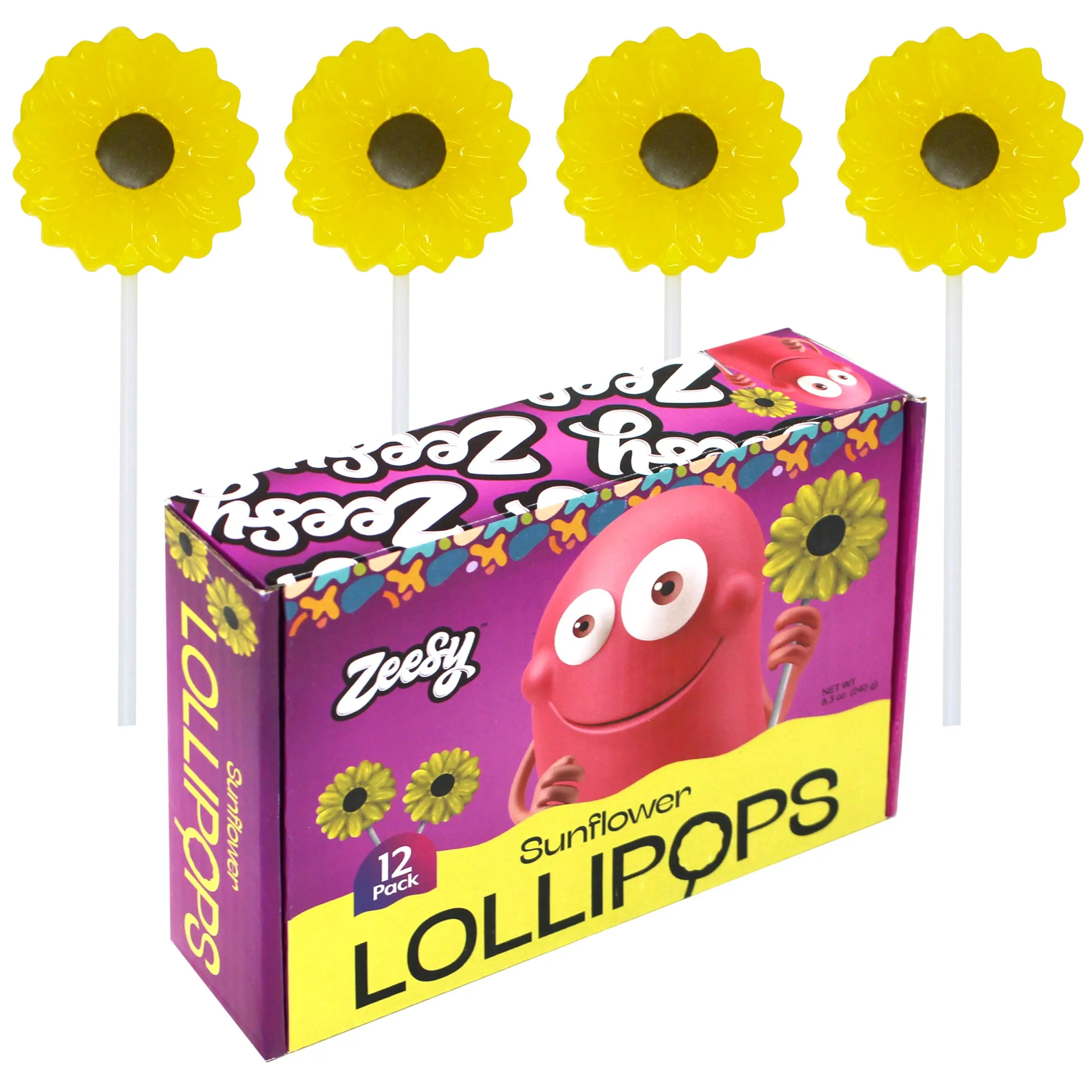 Zeesy Sunflower Lollipops, 12 Pack, Individually Wrapped Sunflower Candy Suckers for Sunflower Themed Birthday Party Favors, Sunflower Party Supplies