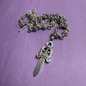 Heavyweight Sword Necklace Vintage 50cm Unisex Stainless Steel Chain Jewelry with Unique Floral Design for Men and Women