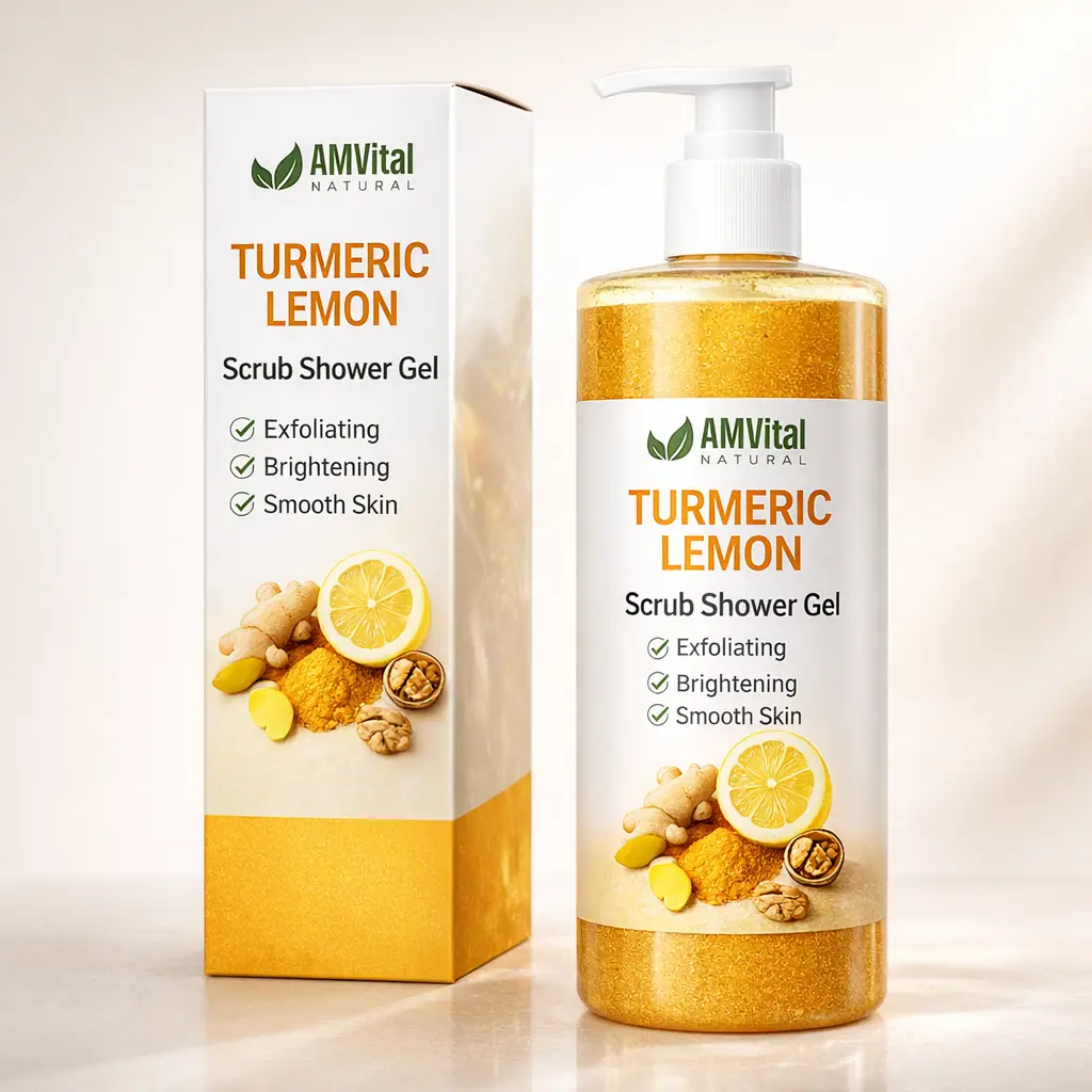 AMVital Turmeric & Lemon Exfoliating Body Wash - Gentle Daily Scrub for Dull, Rough, Uneven Skin, Natural Unisex Brightening Cleanser, Moisturizing Paraben-Free Shower Gel, Skin-Friendly Fresh and Clean Body Care for Adults