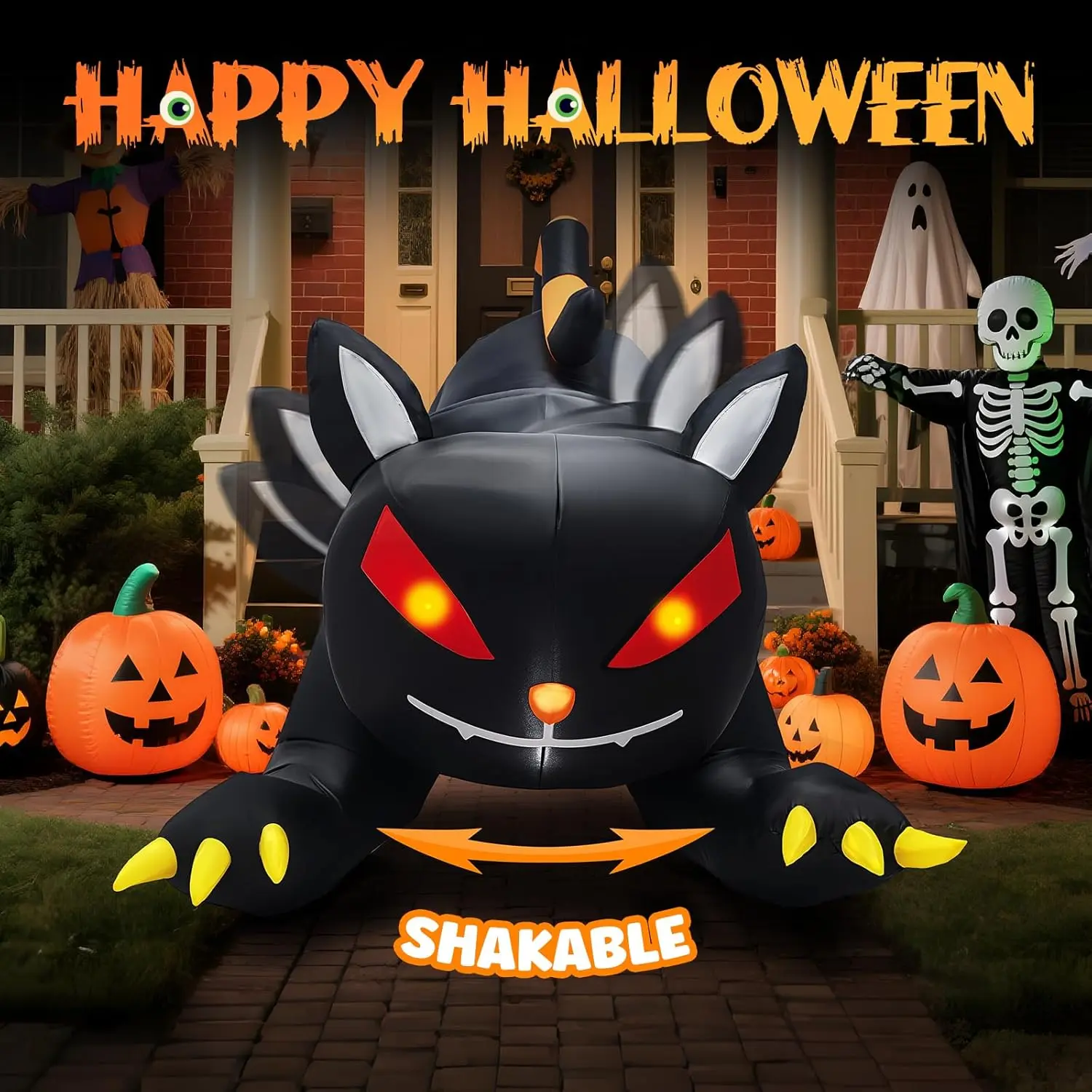 VINGLI Halloween Huge Inflatable Black Cat Decorative Prop - Swinging Head, LED Lights - Giant Blow-Up Patio Decoration, Home Party Decorations for Garden Events