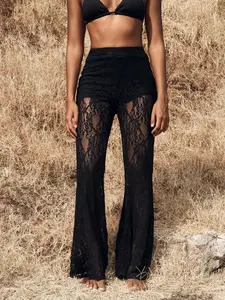 Opulessa Women’s High Waist Flare Lace Knit Pants – Elegant Night Out, Sexy Going-Out Outfit, Autumn & Winter Fashion Trousers