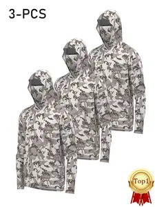 Men's Fishing Hooded Sweatshirt Set, Quick Dry Breathable Camo Design, Long Sleeve T-Shirt with Face Mask, Outdoor Activities, Camo Hoodie