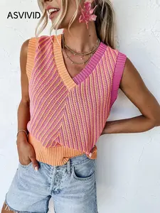 Women's Summer Colorblock Striped Knit Sleeveless Vest Top, Casual Vacation Wear, Office & Leisure Clothing, Loose-Fitting, Stripe Pattern