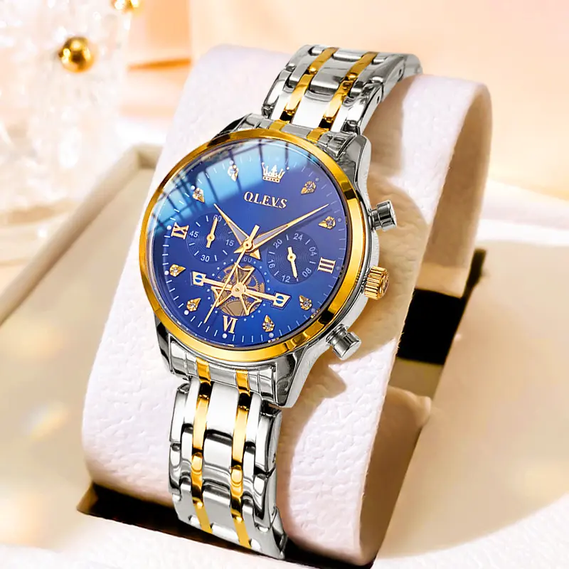 OLEVS Women Watch Multifunctional Two Tone Watch Fashion Business Analog Quartz Ladies Watch Stainless Steel Waterproof Diamond Watch for Women