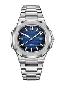 Men's Fashion Steel Band Calendar Luminous Hollow-Out Quartz Watch, Analog Striped Pattern, Mechanical Movement, Boyfriend Gift Choice