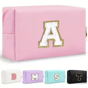 Women Octagonal Makeup Bag PU Letters Makeup Bag, Portable Chenille Letter Cosmetic Bag With Zipper, Initial Letter Patch PU Leather Waterproof Travel Toiletry Bag Monogram Make Up Pouch (Letter A~Z) For Fall Home Decor.Initial Letter Patch Makeup Bag