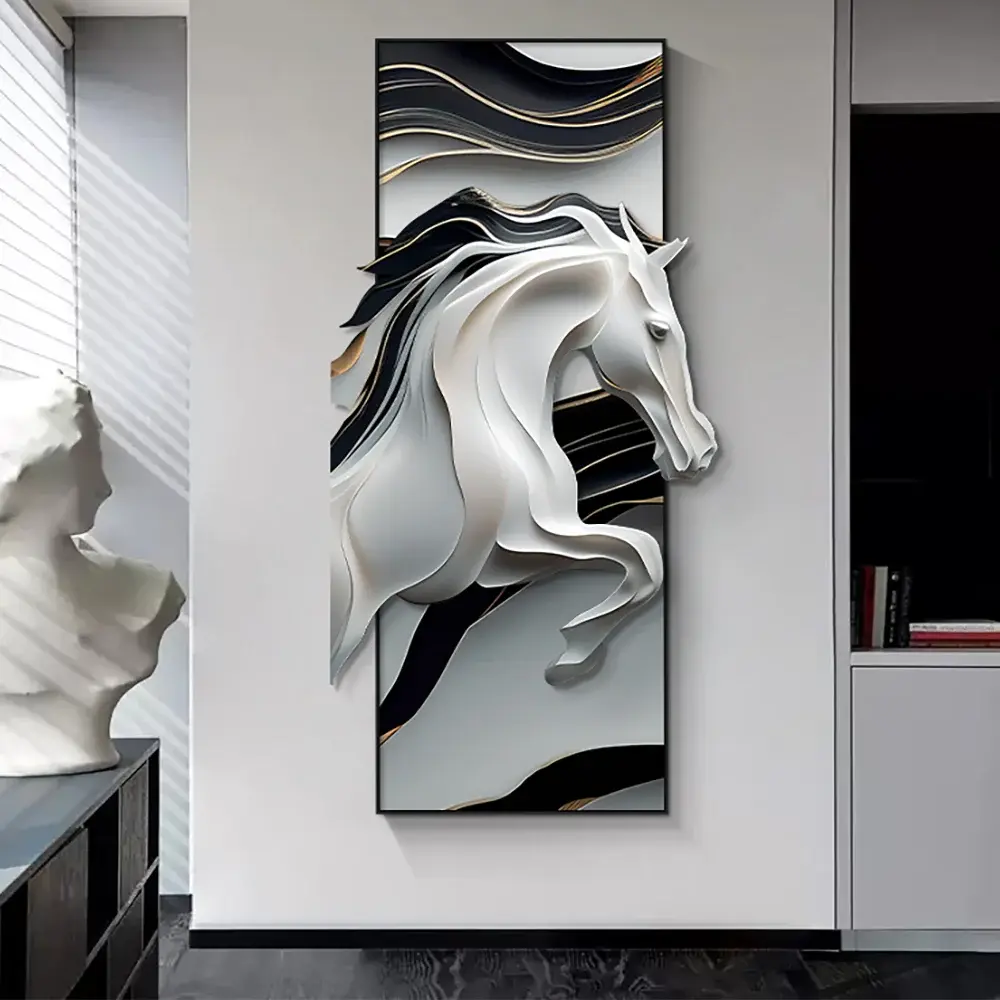 Homary Unframed Black & White Artistic 3D Horse Poster - Animal Accent Wall Art, Abstract Art, Easy-to-Clean 3D Hanging Sculpture for Living Room Home Decor, Home Inspo
