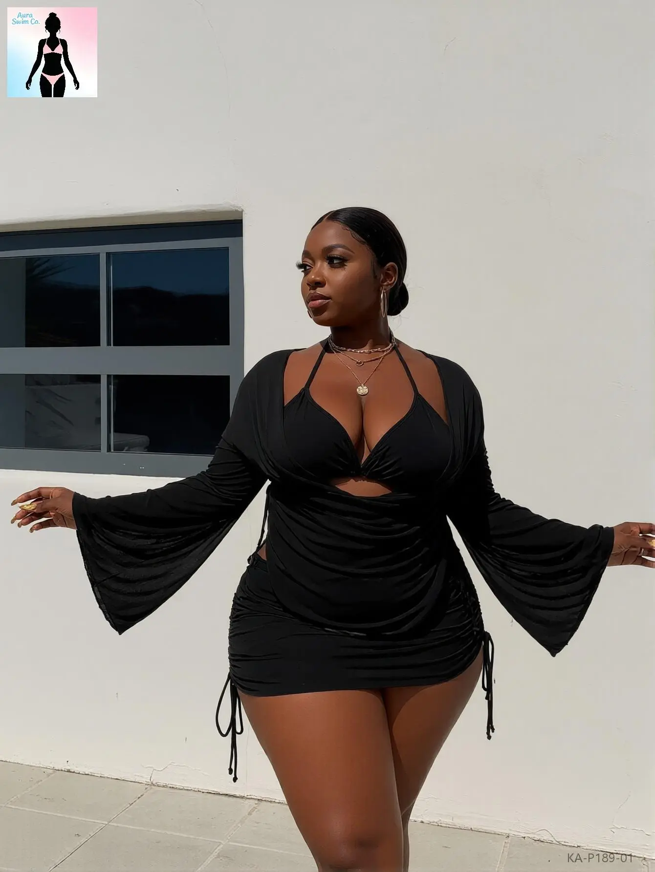 Aura Swim Women's Plus Size 3-Piece Solid Black Swimdress Set, Ruched Halter Bathing Suit with Tummy Control and Long Sleeve Mesh Cover Up, 2026 Curve Swimsuit for Pool Parties, Bathing Suits, Swimsuit For Women, Plus Size Swimsuits 2026