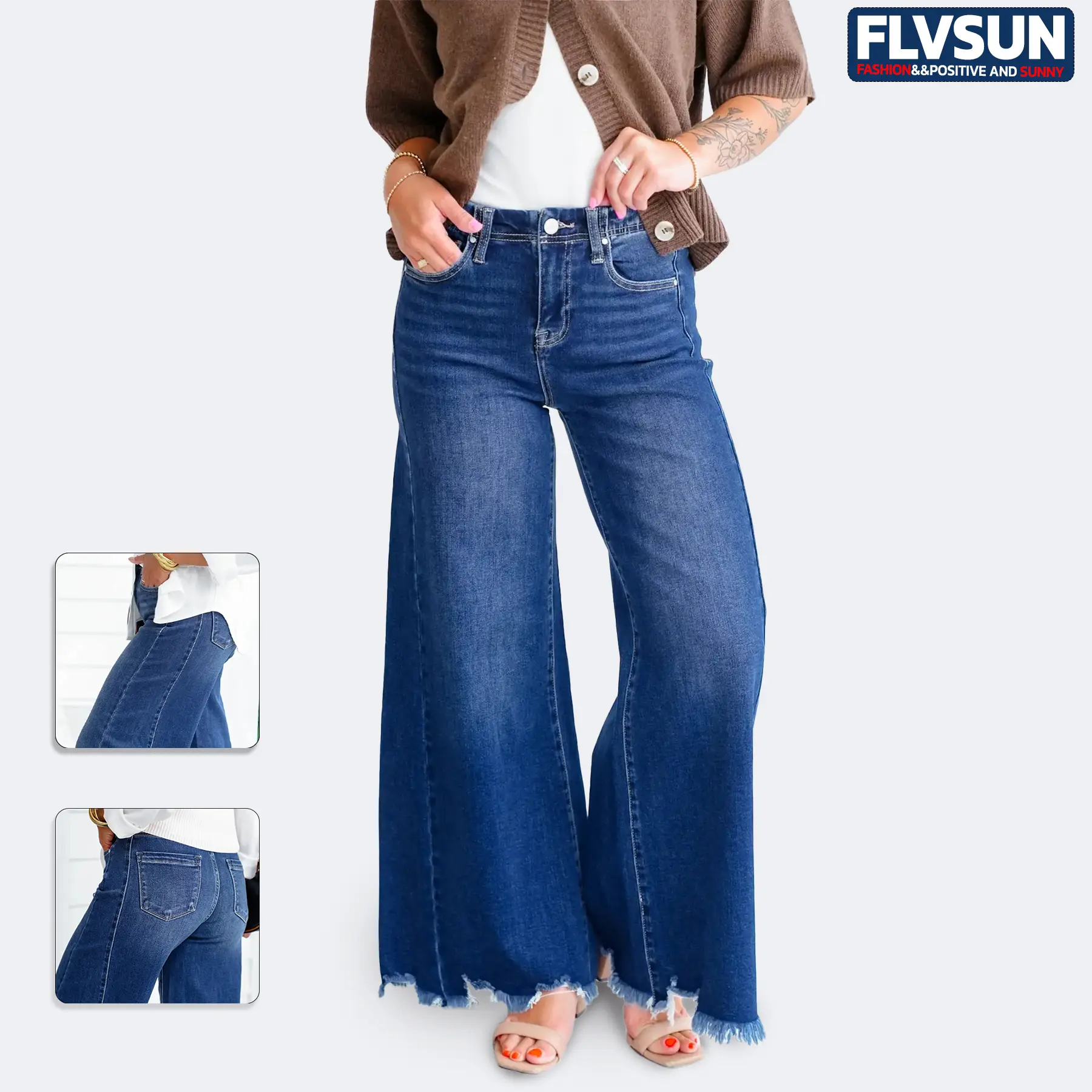Flvsun Women's High Waisted Flared Bootcut Jeans, Comfy Stretchy Denim Pants for Minimalist Streetwear with Pockets, High Waisted Design, Women's Clothing, Comfy Ootd, Button Fly Jeans, Baggy, Style Jeans