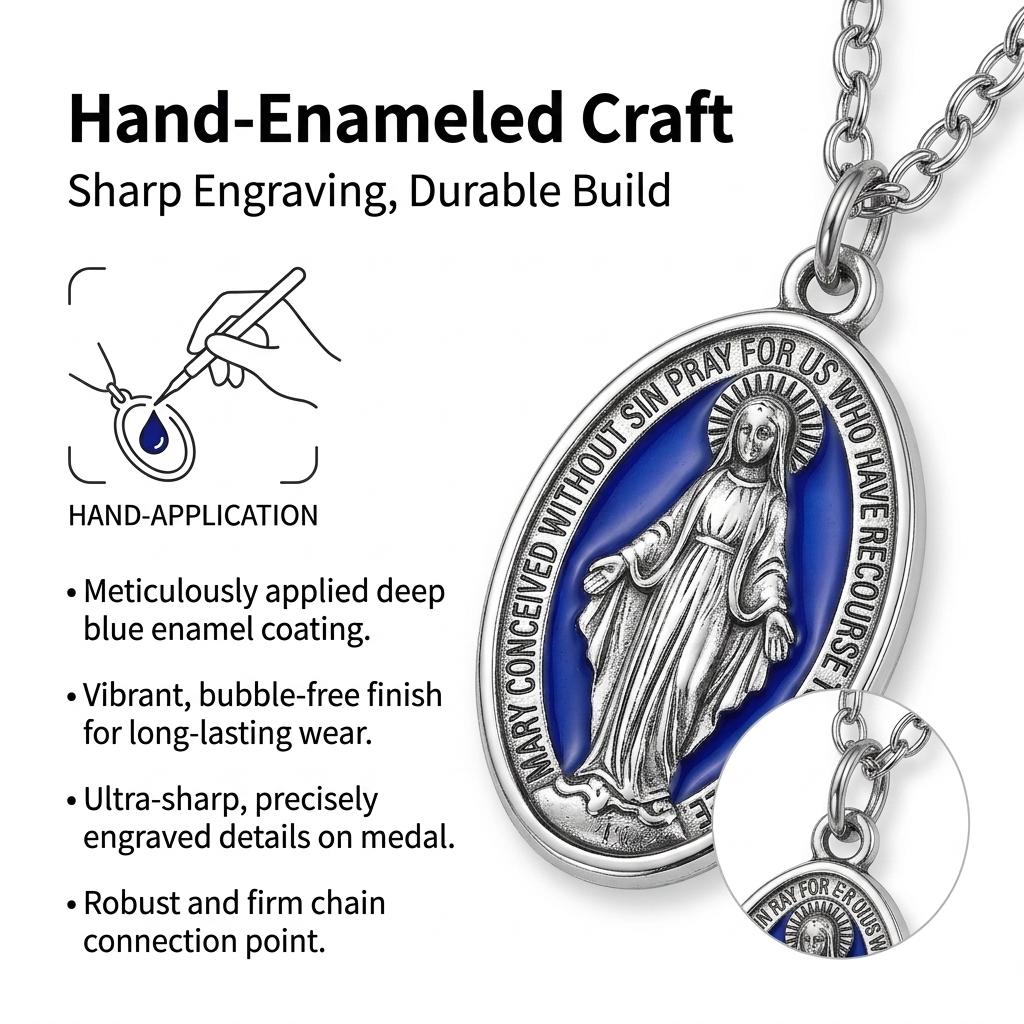 Virgin Mary Necklace Blue Enamel Craft Pendant Necklace