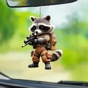 [2D Flat] 1pc 2D Flat Acrylic Raccoon Pendant Hanging Ornament, Multipurpose Car Interior Decoration Charm, Bag Keychain Accessory, Christmas Halloween Holiday Hanging Decor