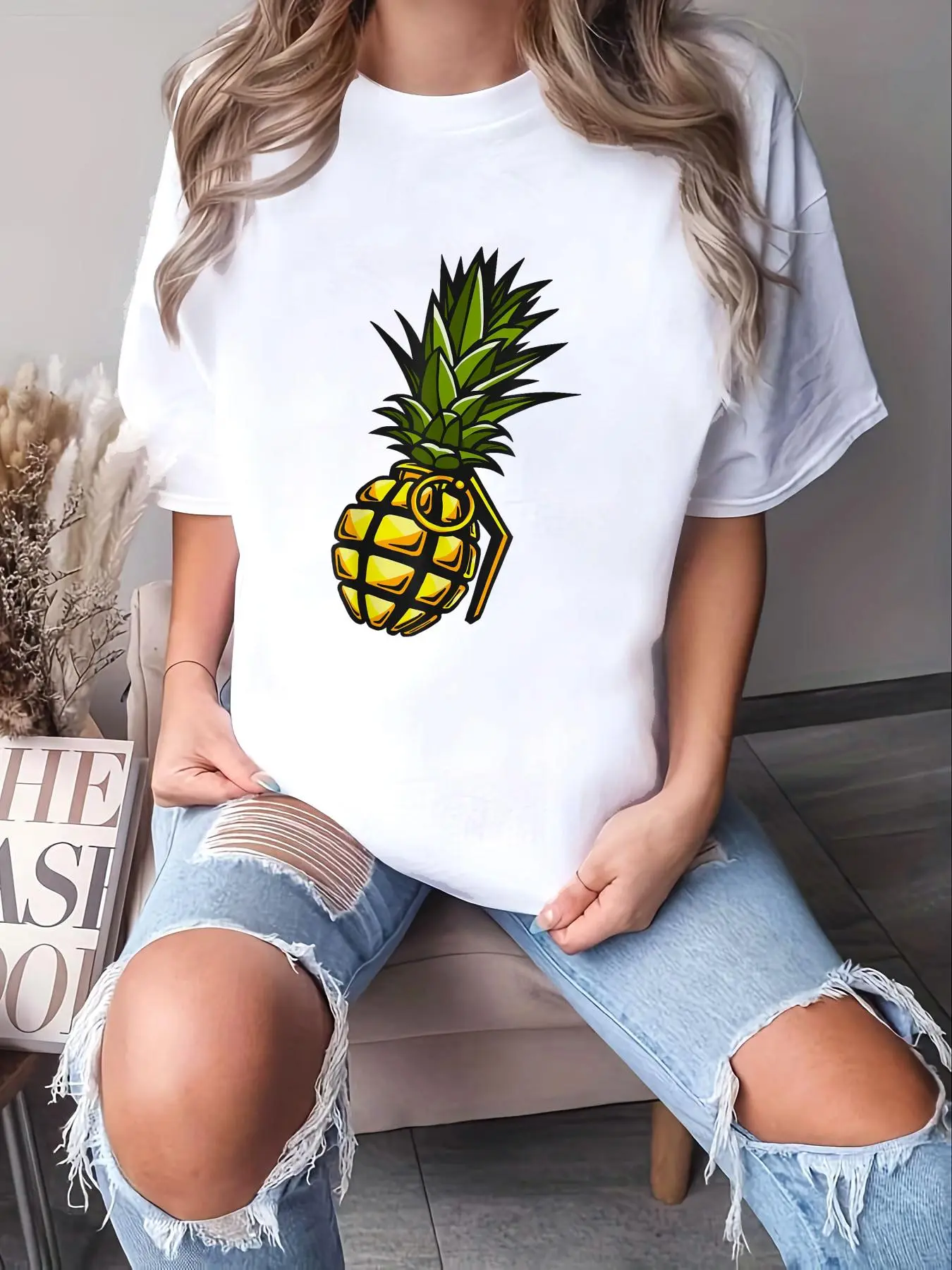 100% Cotton Unisex Pineapple and grenade funny t-shirt T-Shirt Women'S Men Graphic Tee Casual Round Neck Short Sleeve T-Shirt