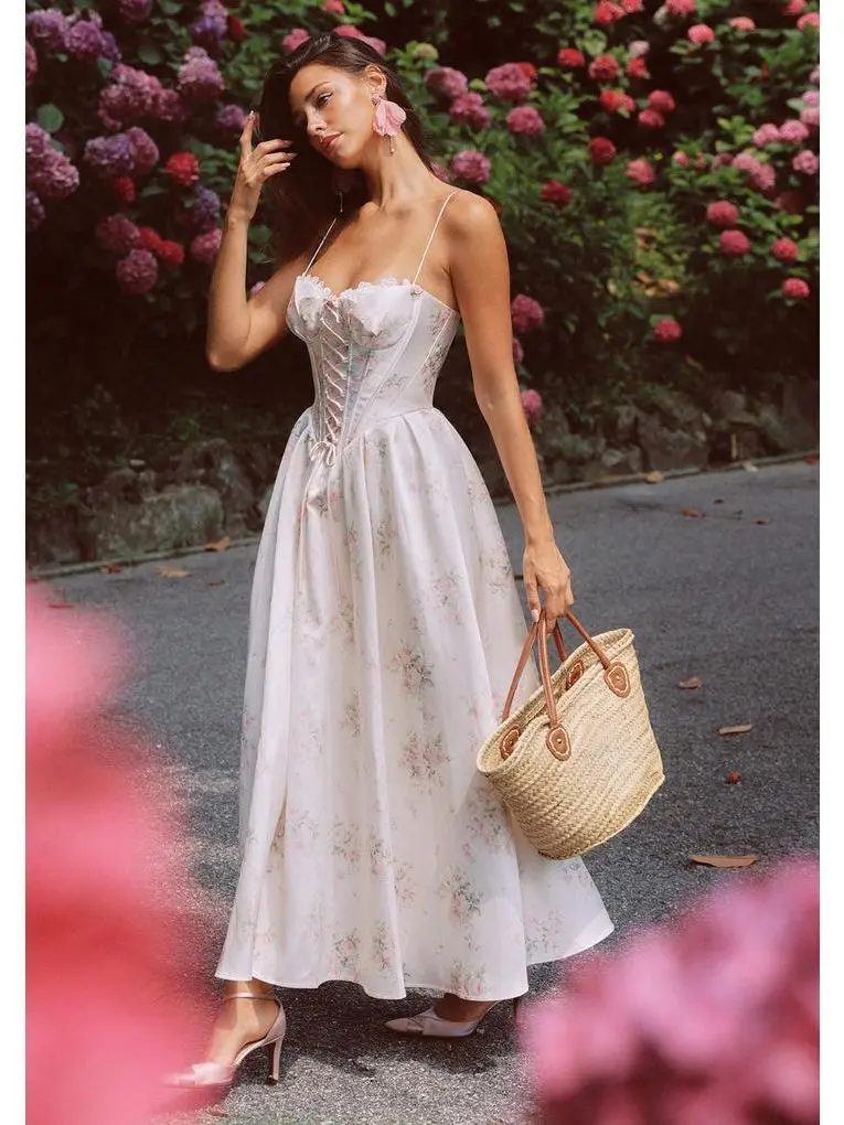 Love Flower Notes Corset Dress Adjustable Bridal Casual Elegance Floral Maxi Pleated Pleats Polyester Ribbon