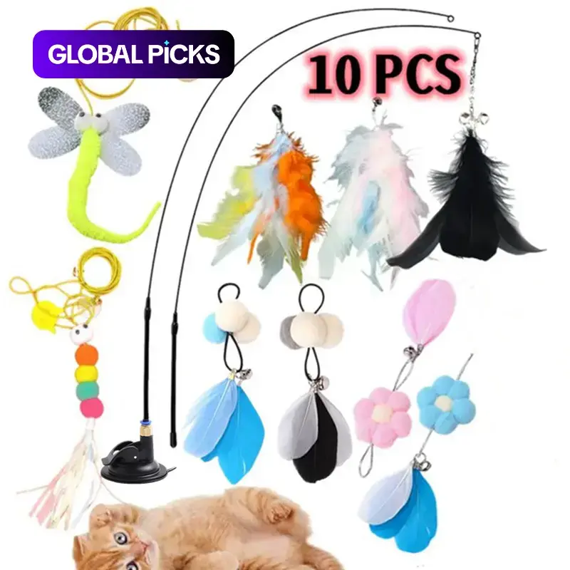 Cat Teaser Toy Set, 10-Piece Interactive Cat Wand and Chasing Stick Toys for Indoor Cats and Kittens #GLOBAL PICKS