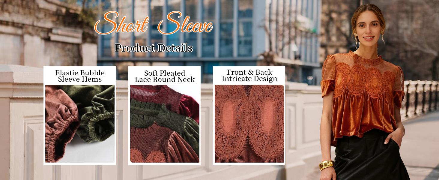 Tanming Women's Short Sleeve Velvet-Lace Polyester Mix Blouse - Chic Crew Neck, Ruffle Detail, Flowy Style, Gentle Wash, Vintage Elegance Top for Everyday, Party, Casual Wear Tanming Women's Short Sleeve Velvet-Lace Polyester Mix Blouse - Chic Crew Neck, Ruffle Detail, Flowy Style, Gentle Wash, Vintage Elegance Top for Everyday, Party, Casual Wear
