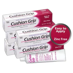 Cushion Grip Thermoplastic Denture Adhesive, 1 oz - Refits and Tightens Loose Upper and Lower Dentures and Partials | Non-Glue Adhesive, Acts Like a Soft Reliner pack of 5