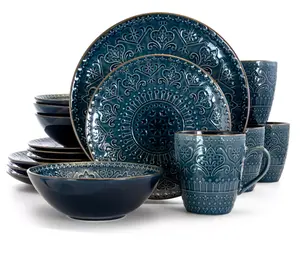 Elama Deep Sea Mozaic 16-Piece Round Stoneware Dinnerware Set
