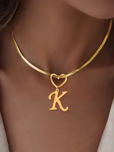 Women's Heart Initial Pendant Necklace, Love Heart Necklace, Classic Stainless Steel Herringbone Chain, Elegant Letter Design, All Seasons Jewelry