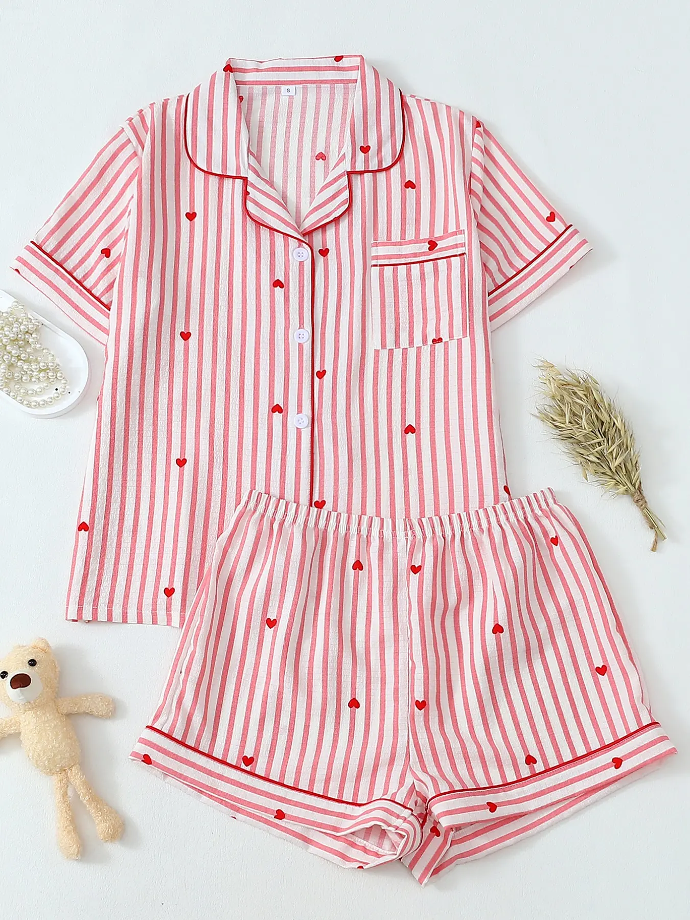 Valentine Striped Heart Print Short Sleeve Shorts Set, Pajama Set, casual pyjama set, Cute Sleepwear, All Seasons Home Wear, Adorable Loungewear, Pj Sets