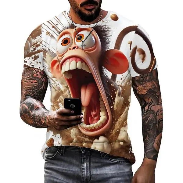 2025 New Style Men's Black T-Shirt with Funny 3D Monkey Print - Casual & Comfortable Short-Sleeve,  Perfect Gift for Easter，Christmas & Birthdays Fashion Menswear Fashion graphic tee graphic t-shirts shirts men y2k  outfits  men Stylish Top tiktokshopspri