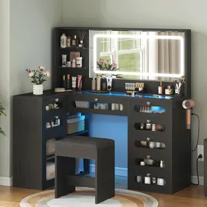 Vanity Desk with LED Mirror, Makeup Vanity with Charging Station, Cabinets  , 8 Drawers Vanity Set with Glass Top, Dressing Table for Bedroom, White led  mirror  desk