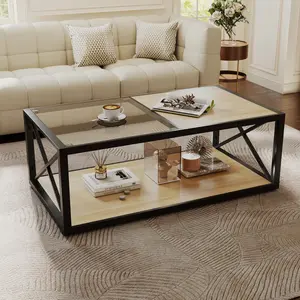 Modern Coffee Table with Tempered Glass & Wood Top, Industrial Center Table with Storage Shelf for Living Room Bedroom Office