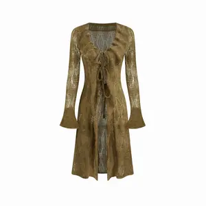 Cider Knit Wool-blend V-neck Beaded Tie Front Ripped Split Ruffle Hem Midi Dress