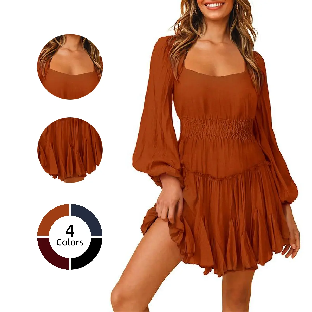 Florboom Women's Boho Square Neck Lantern Sleeve Dress, Smocked Waist 16-Panel Petal Hem Twirl Midi , Romantic Festival & Holiday Outfit,Summervibes