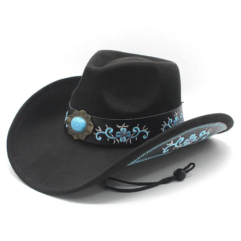 Western Cowboy Hat, Ethnic Tibetan Style Embroidered Jazz Fedora, Fashion Wide Brim Hat for Travel & Daily Wear Casual Hat