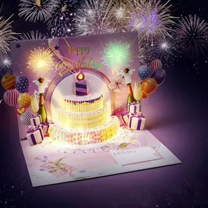Light-Up 3D Popup Birthday Card with 0-9 Replaceable Numbers,Musical Blowable Candle & 3-Tier Cake Popup Design,Firework Print Custom Age Birthday Greeting Card — Perfect Birthday Gift for Kids Adults,Reusable Cake Decoration