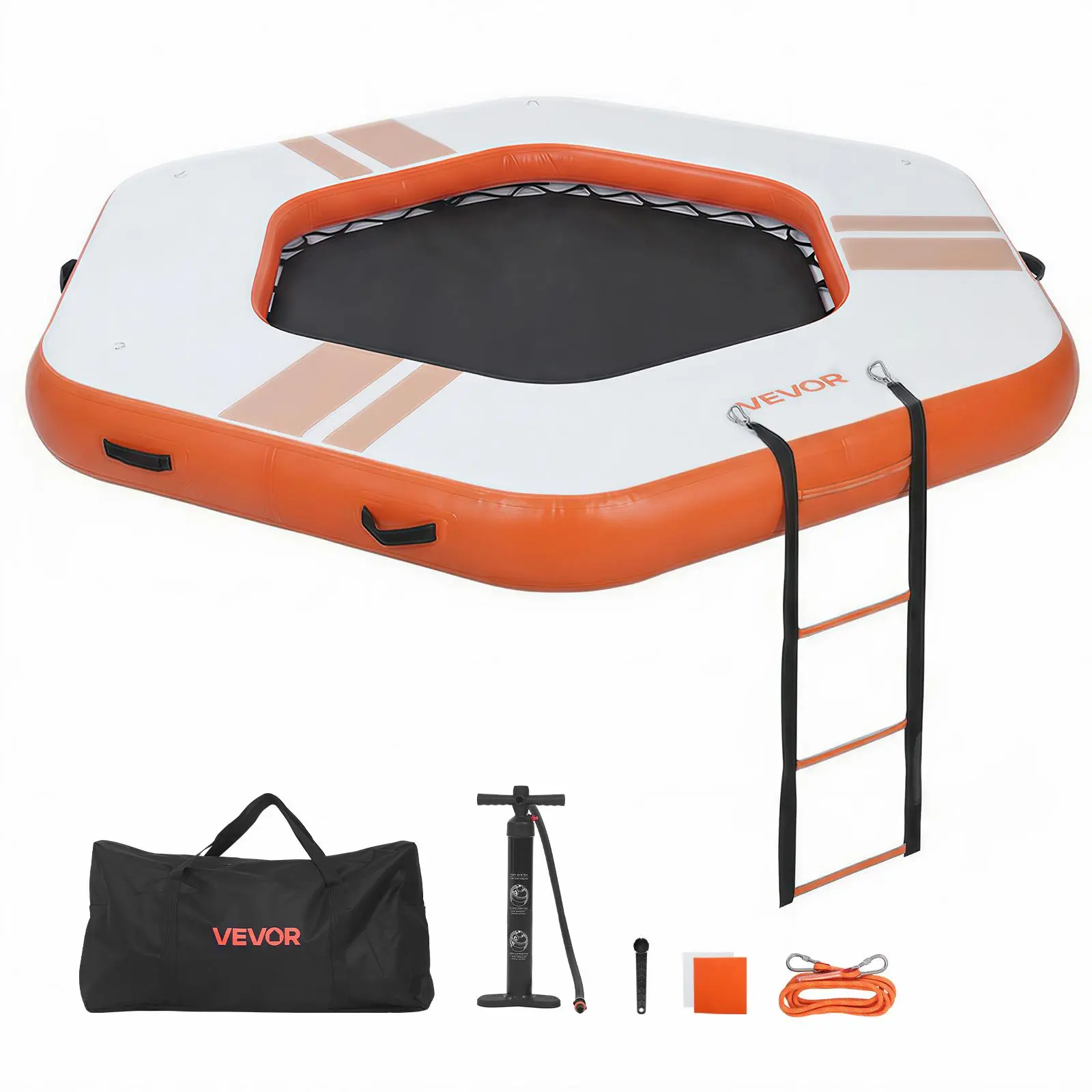 VEVOR Nylon & PVC Square Inflatable Floating Dock, 8.5x8.5 FT Non-Slip Water Mat for Water Fun & Pool Setup, 6in PVC Deck, Manual Inflation, Detachable Ladder, Mesh Hammock, Portable Bag, Orange, 2700 G/㎡/m²