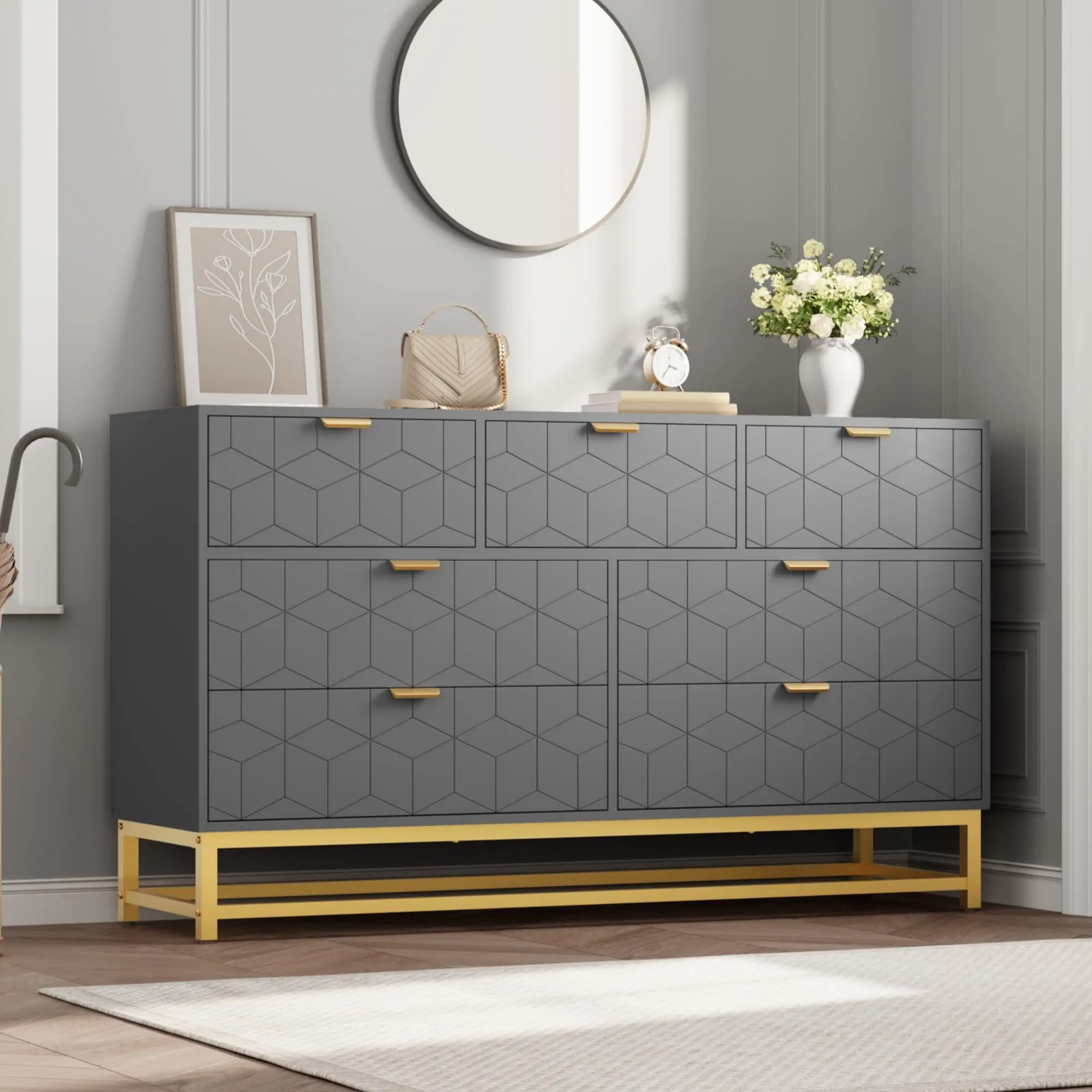 53.5" Wide Wood Chest of Dresser - Modern Triple Decorative Drawers Cabinet with Gold Accents, Carved Lines, Multi-Compartment Design, Nursery Bedroom Organizer Furniture, Large Storage Unit
