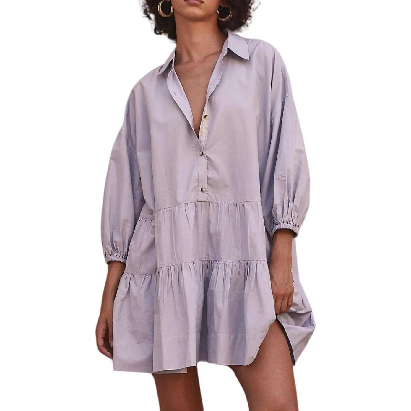CHOUYATOU Women's Casual Style Sundress with Puff Sleeves & Button Front, Loose Cotton Tiered Mini, Breathable, Solid