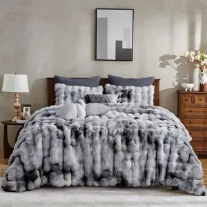 3 count  Faux   Bubble Comforter Set  Size, Tie-Dyeing Multiple Grey Plush Fuzzy Bedding Set, Warm Soft Bubble Comforter Bedding Set for Winter