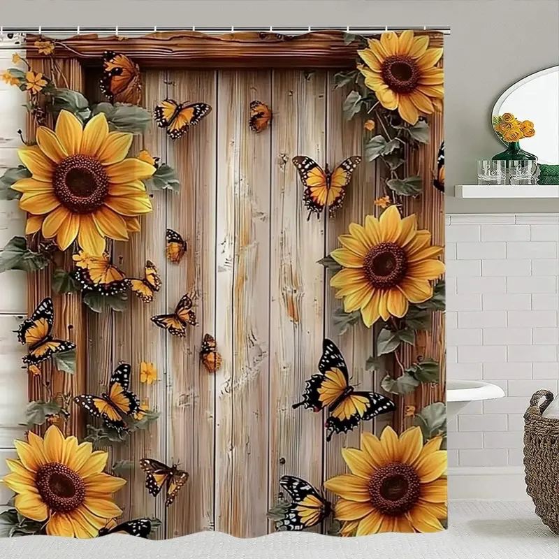 Creative Sunflower and Butterfly Shower Curtain, Floral Pattern, Wall Mounted, Bathroom Supplies, Gift Idea, Casual Style