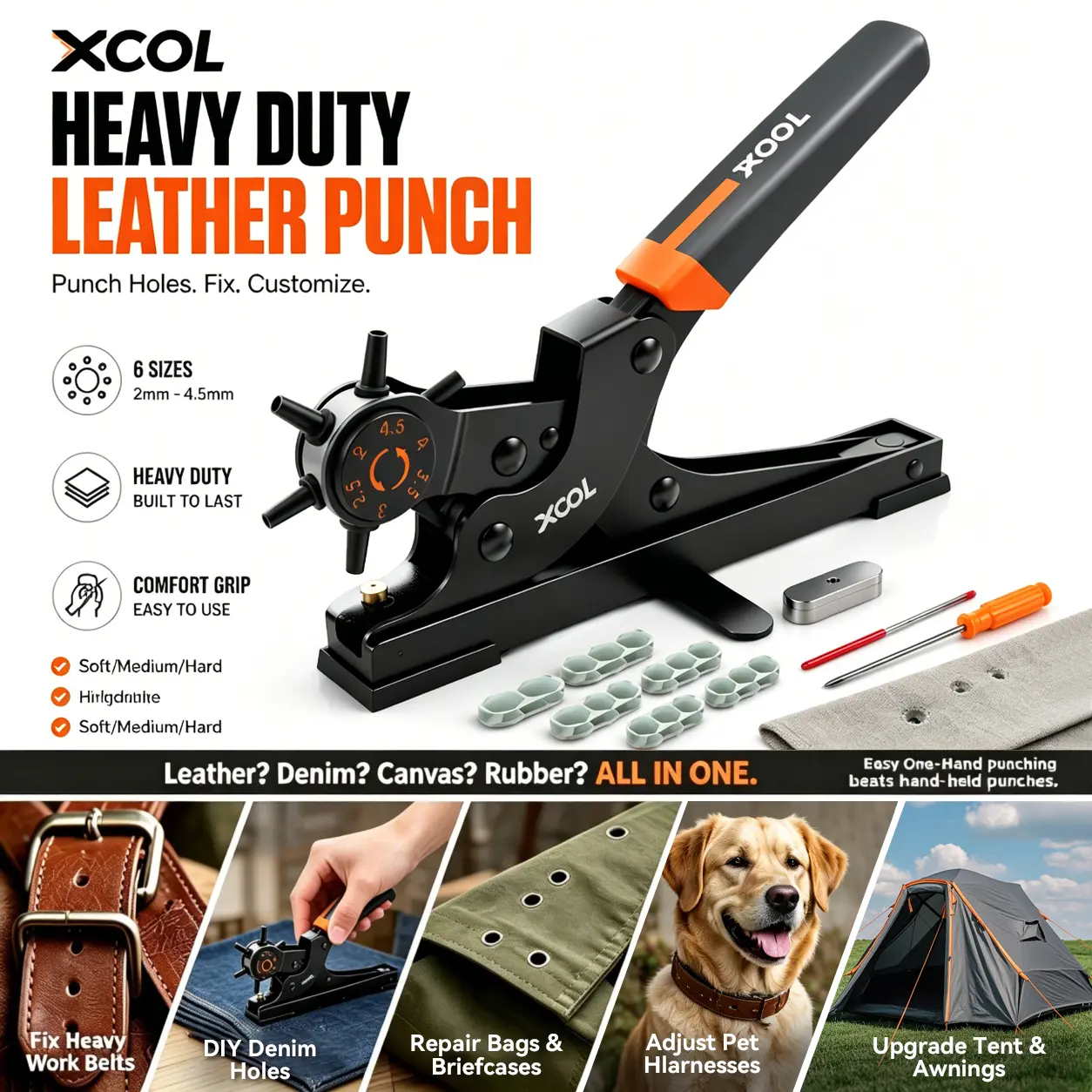 XOOL Desktop Leather Hole Puncher - Belt Hole Puncher for Leather with Tabletop Base - One Hand Use Heavy Duty Carbon Steel, 6 Rotary Sizes 2-4.5mm for Watch Band, Shoes, Bag Strap & Crafts