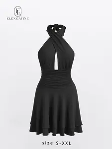 Elengatine Women’s Black Cross Halter Neck Dress, Sexy Plunging V-Neck, Ruched Waist Design, Flowy Skirt with Side Slit, Slim Fit Bodycon Silhouette, Elegant and Chic Look, Premium Soft Fabric, Perfect for Summer Night Out, Party Dress or Vacation KBL0014