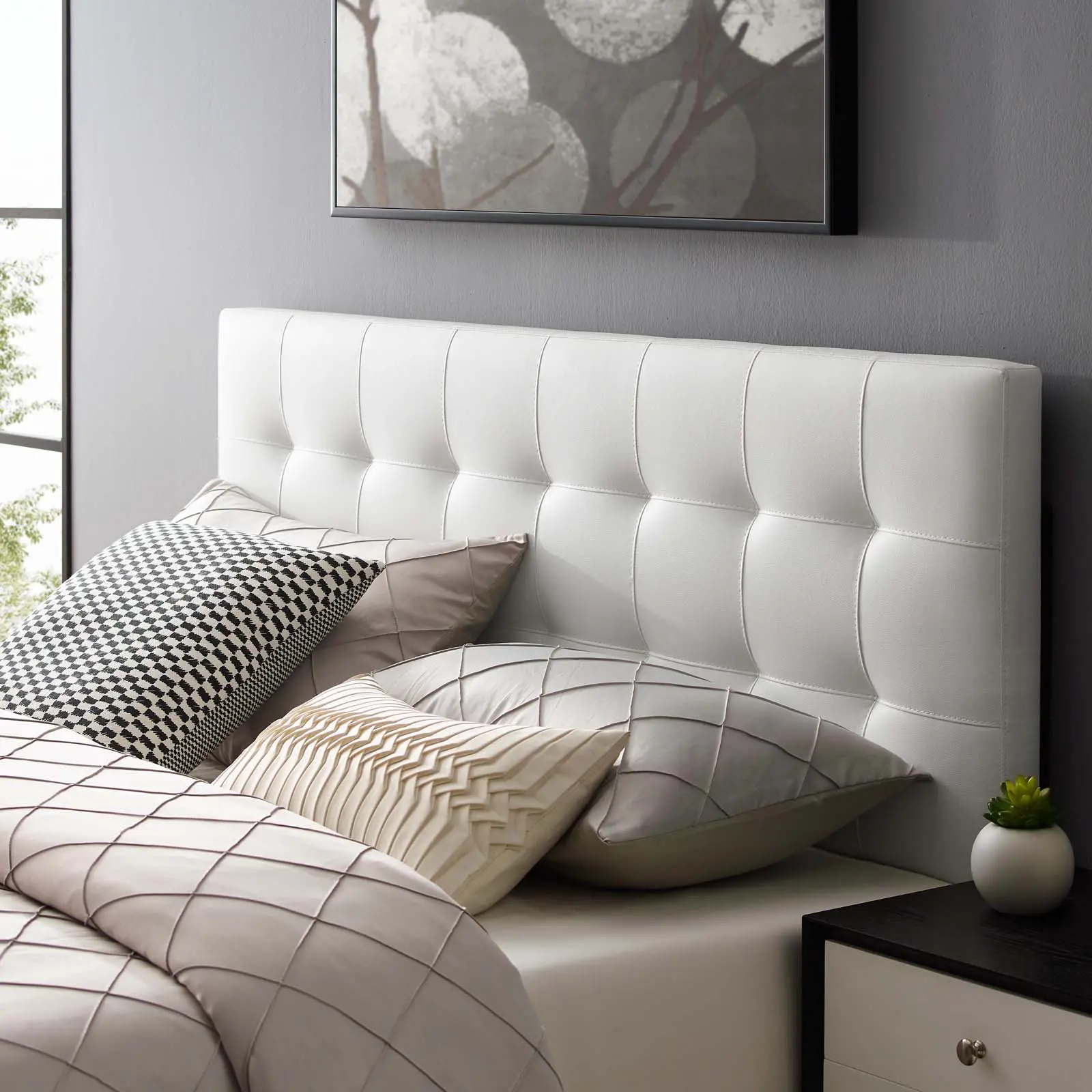 Modway Lily King-Size Lightweight PU Leather Diamond Tufted Headboard, White Indoor Furniture Bed Frame Accessory, Indoor Use