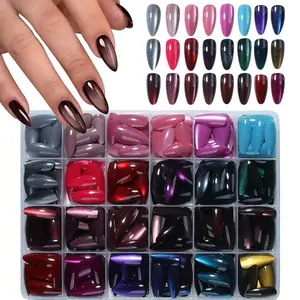 576pcs Long Almond Shape Crystal Cat Eye Glossy Nail Tips Set, Perfect Fit, Blue Wine Color, Acrylic Nails, Nail Tips Kit, Diy Nail Art