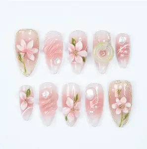 Romantic Pink Floral Almond Press On Nails With 3D Flowers, Gold Accents, Pearl, Ring Details, Handmade Luxury Nail Set for Gifts & Events Dominickins
