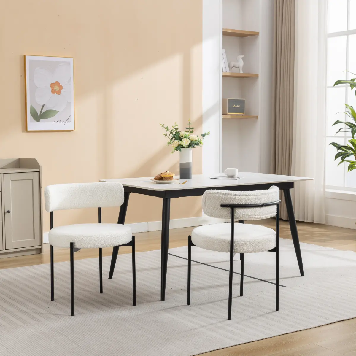 [Bellemave] Set of 2 Boucle Dining Chairs, Modern Round Upholstered Kitchen Chairs with Black Metal Legs
